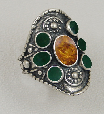 Sterling Silver High Queen's Ring With Amber And Fluorite Size 10